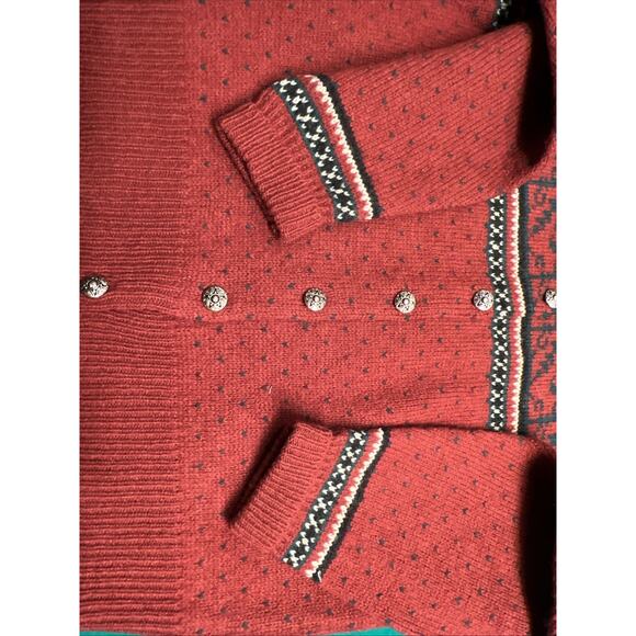 L.L. Bean Red, Green, & Black 100% Pure Wool Shetland Women's Nordic Cardigan SM - Picture 6 of 8